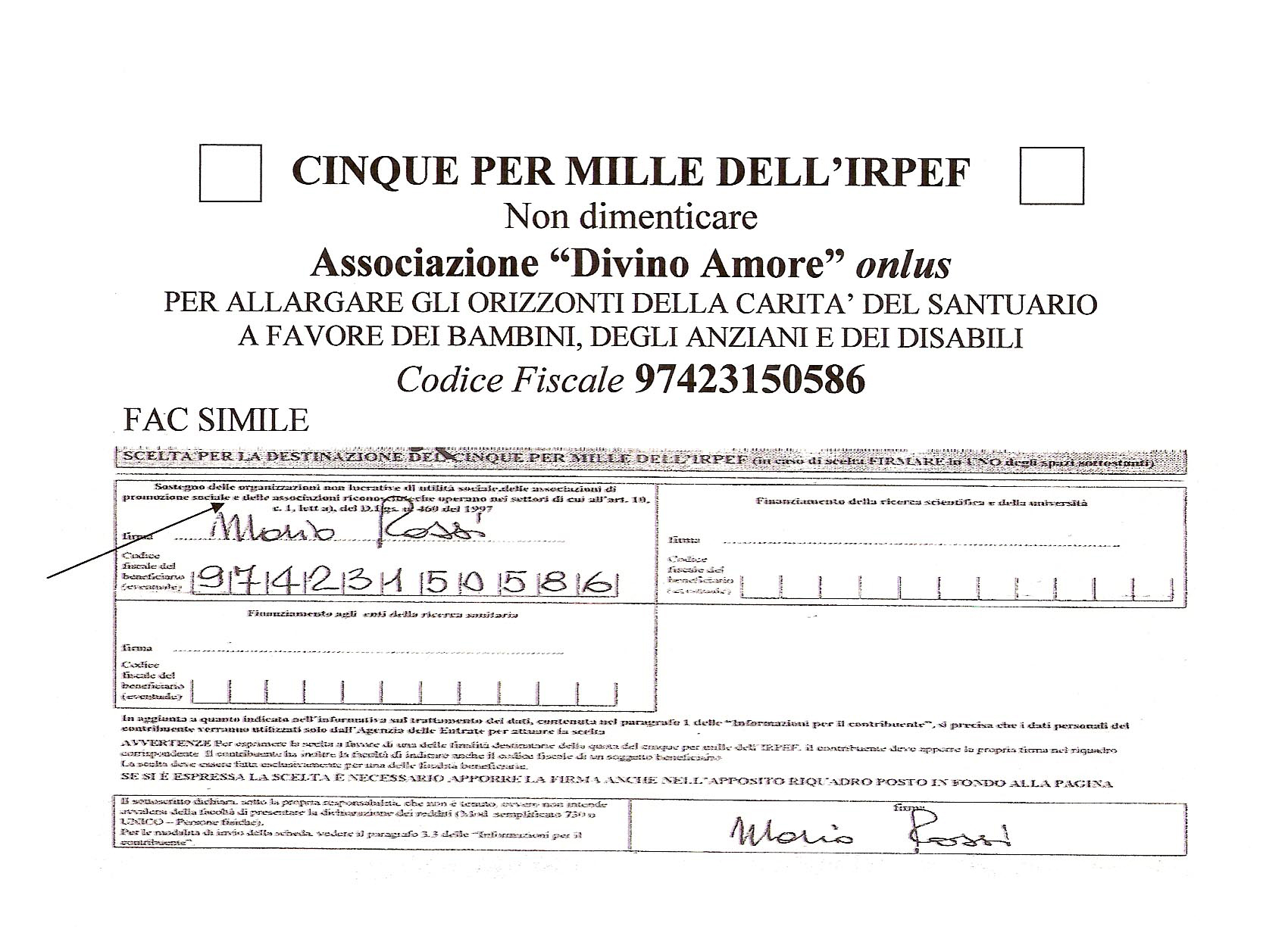 Modulo per il versamento del cinque per mille all'associazione Divino Amore Onlus