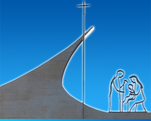 La vela che sormonta la facciata della Parrocchia con la Sacra Famiglia e il Crocifisso